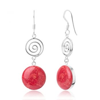SUVANI 925 Sterling Silver Natural Red Sea Bamboo Coral Double Round Dangle Hook Earrings 1.77 inches