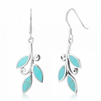 SUVANI Sterling Silver Reconstructed Turquoise Tree Branch Leaves Drop Dangle Hook Earrings 1.45"