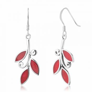SUVANI Sterling Silver Reconstructed Red Coral Tree Branch Leaves Drop Dangle Hook Earrings 1.45"