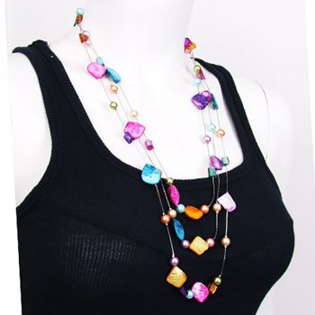 SUVANI Triple Strands Multi Color Blister Shell and Beaded Long Necklace, 48 inches