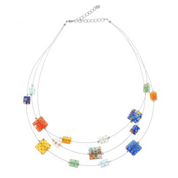 SUVANI SUVANI Millefiore Venetian Murano Glass Multi-Colored Oblong Beaded Triple Strand Necklace, 16-19 inches