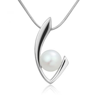 SUVANI Sterling Silver Cultured Freshwater White Pearl Elegant V Curve Pendant Necklace, 18 inches