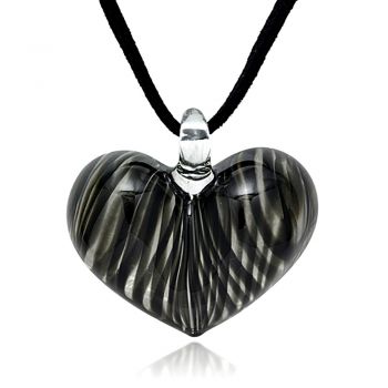 SUVANI Hand Blown Murano Glass Black Curve Line Heart Shaped Pendant Necklace, 18-20 inches