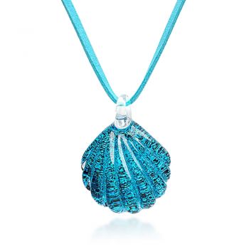 SUVANI Hand Blown Murano Glass Ocean Blue Sea Shell Shaped Pendant Necklace, 18-20 inches