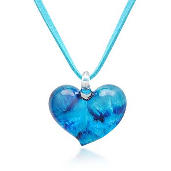 Hand Blown Venetian Murano Glass Blue Heart Shaped Pendant Necklace, 18-20 inches