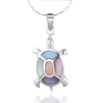 SUVANI Sterling Silver Multi-Colored Mother of Pearl Shell Sea Turtle Pendant Necklace, 18 inches