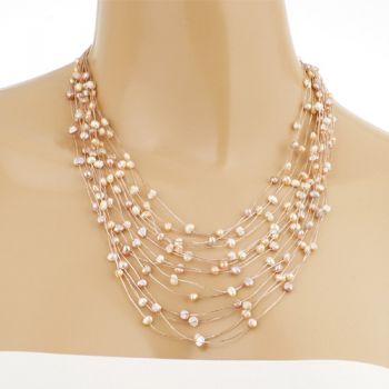 Silk Thread and Pink Cultured Freshwater Pearl Multi Strand Cluster Necklace, 17-19 inches