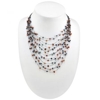 Silk Thread and Black Cultured Freshwater Pearl Multi Strand Cluster Necklace, 17-19 inches