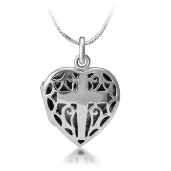 SUVANI Sterling Silver Open Filigree Christian Cross Heart Shaped Locket Pendant Necklace, 18 inches