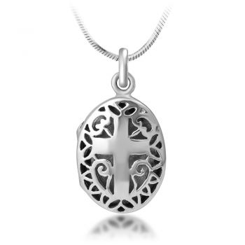SUVANI 925 Sterling Silver Open Filigree Christian Cross Oval Shaped Locket Pendant Necklace, 18 inches