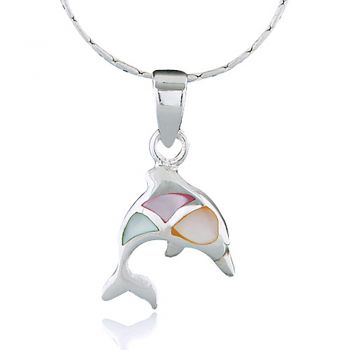 SUVANI 925 Sterling Silver Multi-Colored Mother of Pearl Shell Jumping Dolphin Pendant Necklace, 18 inches