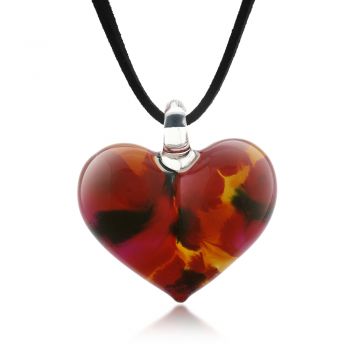 Hand Blown Venetian Murano Glass Wild Flower Red Yellow Black Heart Shaped Necklace, 18-20 inches