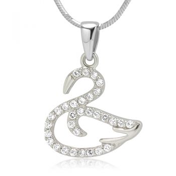 Rhodium Plated 925 Sterling Silver CZ Cubic Zirconia Swan Pendant Necklace, 18 inches