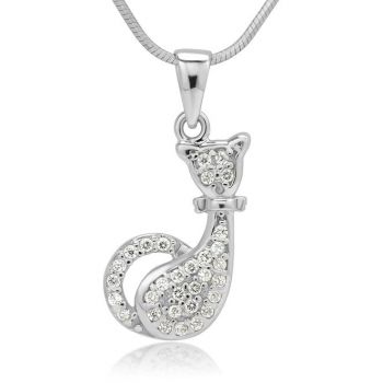 Rhodium Plated 925 Sterling Silver CZ Cubic Zirconia Cat Kitty Kitten Pendant Necklace, 18 inches