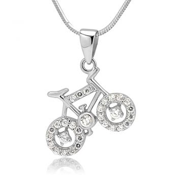 Rhodium Plated 925 Sterling Silver CZ Cubic Zirconia Bicycle Pendant Necklace, 18 inches