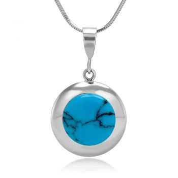 925 Sterling Silver Natural Blue Turquiose Gemstone Inlay Round Pendant Necklace, 18 inches
