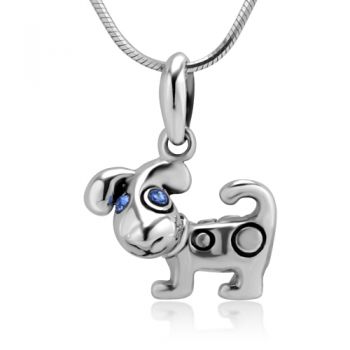 Sterling Silver Cute Little Puppy Dog Blue CZ Stone Eyes Pendant Necklace 18''