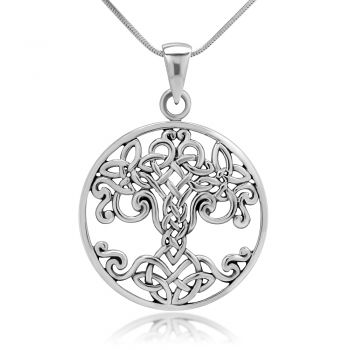 925 Sterling Silver Celtic Filigree Tree of Life Symbol Round Pendant Necklace, 18 inches