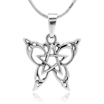 925 Sterling Silver Celtic Filigree Design Cut Out Butterfly Star Pentagram Pendant with Sterling Silver Necklace Chain 18'' Jewelry for Women