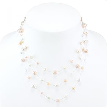 Silk Thread and Pink Cultured Freshwater Pearl Clear Crystal 3-Strand Necklace, 18-20 inches