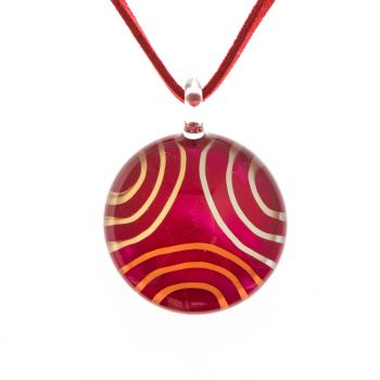 SUVANI Hand Blown Venetian Murano Glass Maroon Red Curl Pattern Round Pendant Necklace, 18-20''