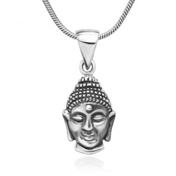 SUVANI 925 Oxidized Sterling Silver Buddha Face Buddhist Symbol Pendant Necklace, 18 inches