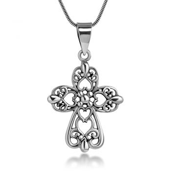 SUVANI Sterling Silver Cut Out Celtic Filigree Design Heart Cross Symbol Pendant Necklace, 18 inches
