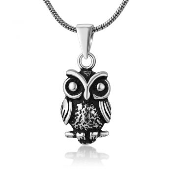 SUVANI 925 Oxidized Sterling Silver Small Little Owl Wisdom Bird Pendant Necklace, 18 inches
