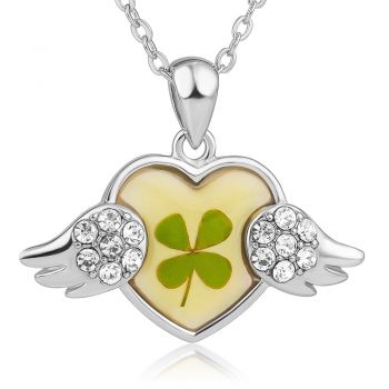 Stainless Steel Real Irish Lucky Four Leaf Clover Heart Angel Wings Pendant Necklace, 16-18 inches