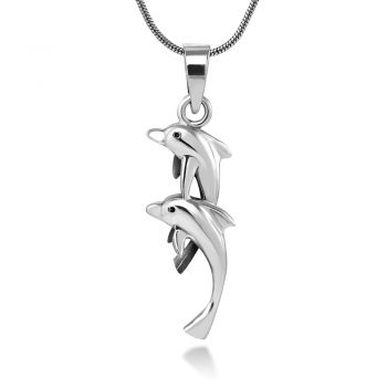 SUVANI Sterling Silver 26 mm Twin Dolphin Charm Pendant Necklace, 18 Inch Snake Chain