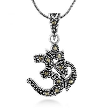 Sterling Silver 18 mm Marcasite Aum Om Ohm Sanskrit Symbol Yoga Pendant Necklace 18''