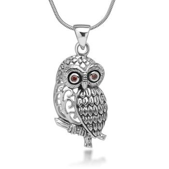 SUVANI 925 Oxidized Sterling Silver Filigree Red CZ Eye Detail Owl Tree Branch Pendant Necklace, 18 inches