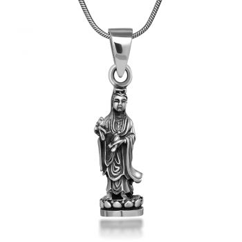 Sterling Silver Amulet Guanyin Kwan-yin Mercy Compassion Goddess Statue Figure 3D Necklace 18''