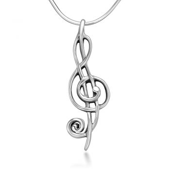 Sterling Silver 26 mm Treble G Clef Musical Melody Note Musician Pendant Necklace 18''