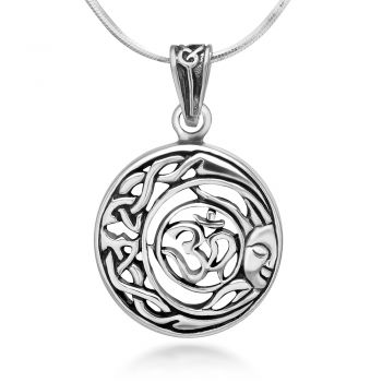 SUVANI Sterling Silver Aum Om Ohm Hindu Sanskrit Celtic Moon Sun Symbol Round Pendant Necklace 18''