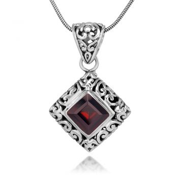 SUVANI Sterling Silver Filigree Red Garnet Gemstone Square Pendant Necklace w/ 18" Silver Chain