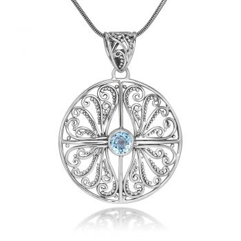 SUVANI Sterling Silver Open Filigree Blue Topaz Gemstones Round Pendant Necklace 18"