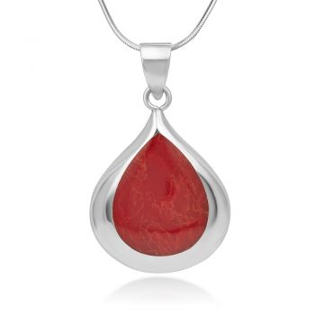 SUVANI 925 Sterling Silver Natural Red Sea Bamboo Coral Inlay Teardrop Pendant Necklace, 18" Chain
