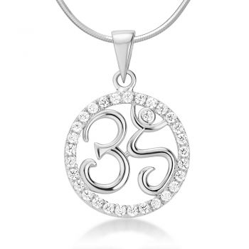 SUVANI Sterling Silver CZ Open Aum Ohm Om Sanskrit Yoga Symbol Round Charm Pendant Necklace 18"