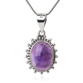 SUVANI Sterling Silver Purple Amethyst Gemstone Oval Shaped Vintage Pendant Necklace 18 inches Chain