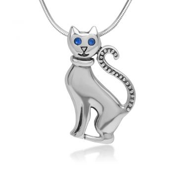 SUVANI Sterling Silver Blue CZ Cubic Zirconia Eyes Cute Cat Kitten Pendant Necklace, 18" Chain