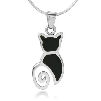 SUVANI 925 Sterling Silver Inlay Cat Pet Lover Black Enamel Pendant Necklace for Women, 18" Chain
