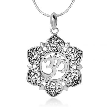SUVANI Sterling Silver Open Filigree Lotus Flower Om Ohm Aum Symbol Pendant Necklace for Women, 18"