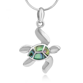 SUVANI Sterling Silver Inlay Green Abalone Dangling Sea Turtle Pendant Necklace for Women, 18 Inches Chain
