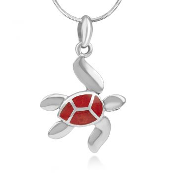 SUVANI 925 Sterling Silver Red Sea Bamboo Coral Inlay Sea Turtle Pendant Necklace for Women, 18"