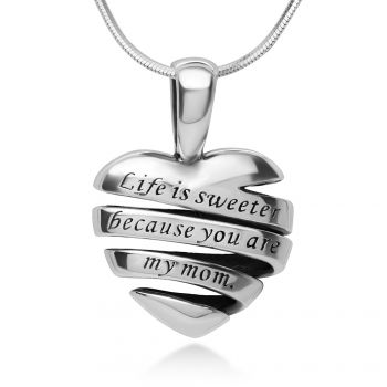 925 Sterling Silver "Life is sweeter because you are my mom" Heart Pendant Necklace, 18"
