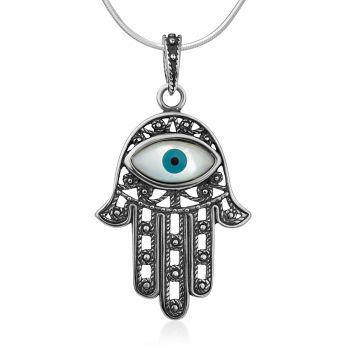 SUVANI Oxidized Sterling Silver Hamsa Hand of Fatima Amulet Evil Eye Rope Pendant Necklace 18"