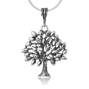 SUVANI Oxidized Sterling Silver Tree of Life Leaves Evil Eyes Protection Amulet Pendant Necklace 18”
