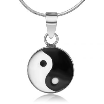 SUVANI 925 Sterling Silver Yin Yang Symbol Black & White Enamel Handmade Round Pendant Necklace, 18”