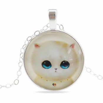 SUVANI Cute Cat Blue Eyes Glass Cabochon Art Vintage Pendant Necklace Adjustable Link Chain 20-22 inches